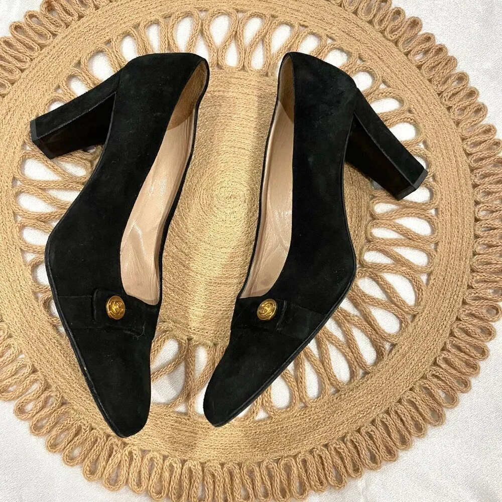Chanel Black Suede CC Block Heel Pumps Size 7 A